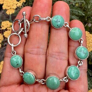 SUNDANCE $338 NEW 6.5-7.5" Green Turquoise Sterling Silver Link Toggle Bracelet